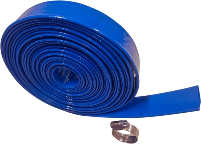 Platte tuinslang voor dompelpompen Diameter 25mm (1 ") - 7,5 Meter Rol - 3 Bar + 1 slangklem
