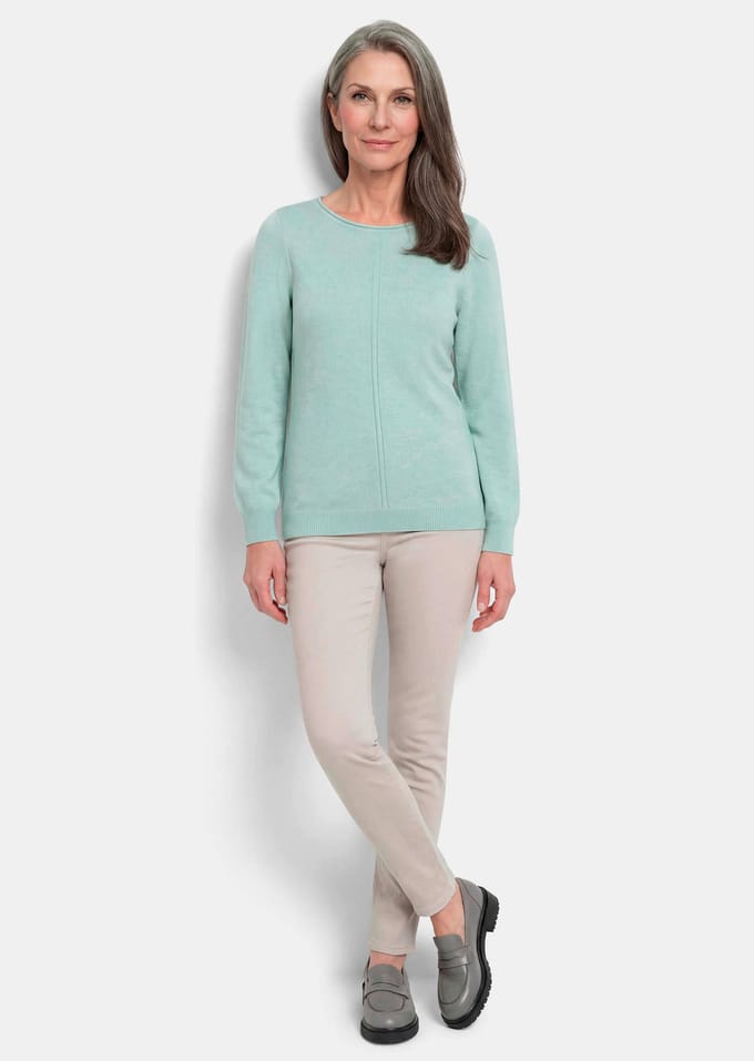 Tricot pullover van zuivere merinowol - grijsgroen / gemêl. - Gr. 20 van Goldner Fashion