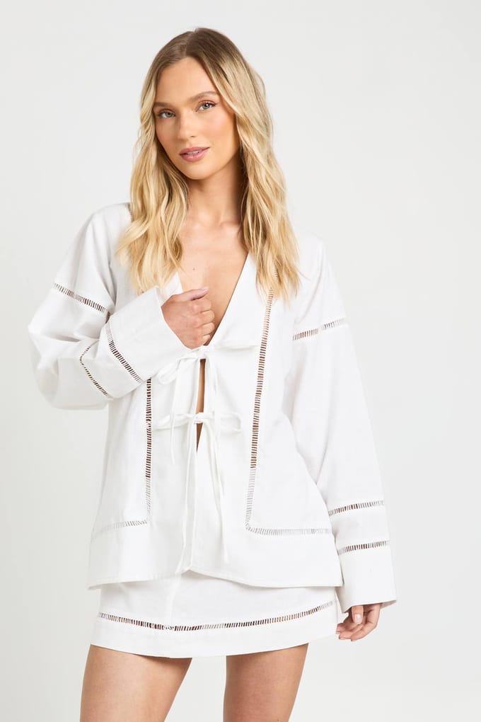 boohoo Dames Petite Linnen Ladder Insert Strikshirt En Mini Rok Co-ord | Wit | Maat: 40
