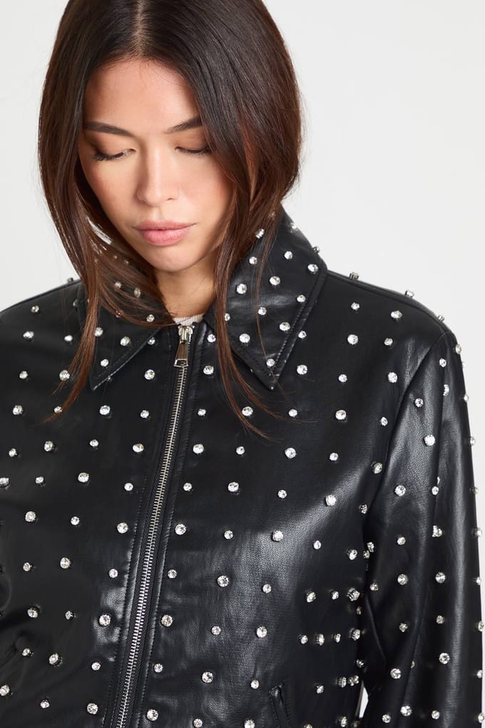 boohoo Dames Super Zachte Premium Kunstleren Diamante Jas | Black | Maat: 8