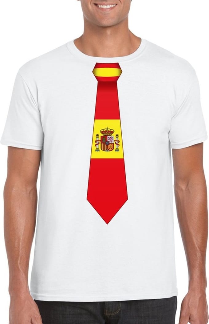 Supporters T-shirt - wit - met vlag Spanje kleuren stropdas - heren - korte mouw M