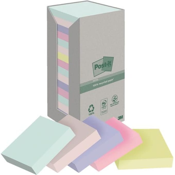 Post-it recycled notes Nature | 100 vel | ft 76 x 76 mm | pak van 16 blokken | geassorteerde kleuren