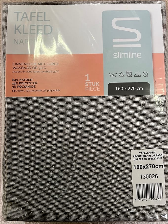 Slimline Tafelkleed Nappe Grease Uni Black Silverlook 160x270cm