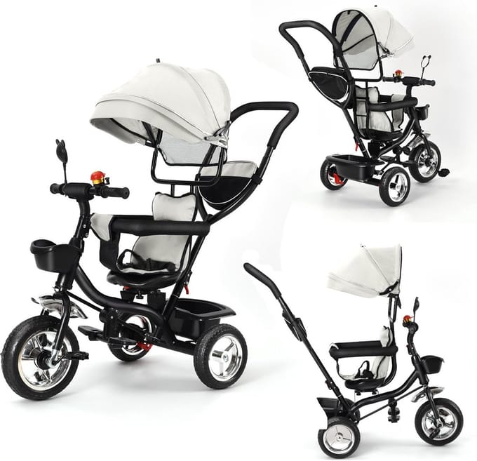 3-in-1 Loopfiets Kinderen: Schaalbare Driewieler met Omkeerbare Zitting en Duwstang