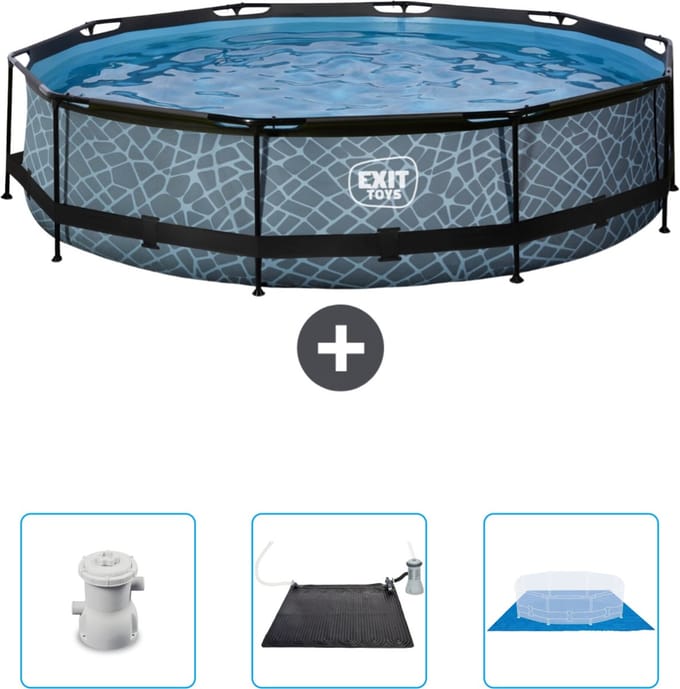 EXIT Rond Stone Frame Zwembad - 360 x 76 cm - Inclusief Pomp - Solar Mat - Grondzeil - Nu extra voordelig
