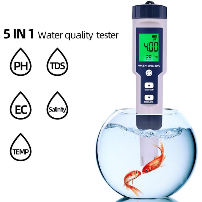 5 in 1 Waterkwaliteitstester Digitale meter Waterkwaliteitsanalysator Detector PH/ TDS/ EC/ Temperatuur/ wit