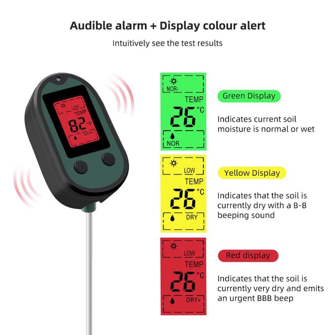Bodem pH-meter 5 in 1 Zonlicht Vochtigheid pH Temperatuur Visueel Alarm Zuurheidsmeter Bodemtester groen