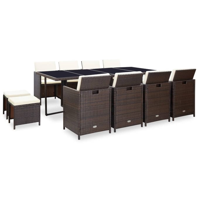vidaXL - 13-delige - Tuinset - met - kussens - poly - rattan - bruin