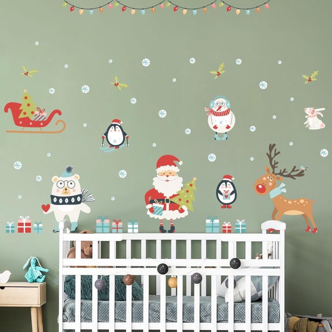 Kerststicker: Kerstman en dieren in de sneeuw - Kerststickers - feestversiering - 60x90cm