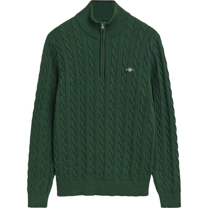 Gant Heren Trui met Kabelgebreide Halve Ritssluiting (Groen)
