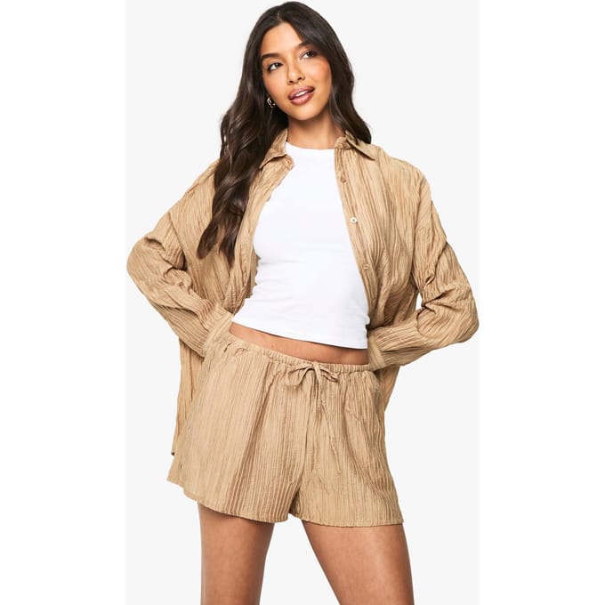 boohoo Dames Geweven Crinkle Flippy Shorts | Mocha | Maat: 8