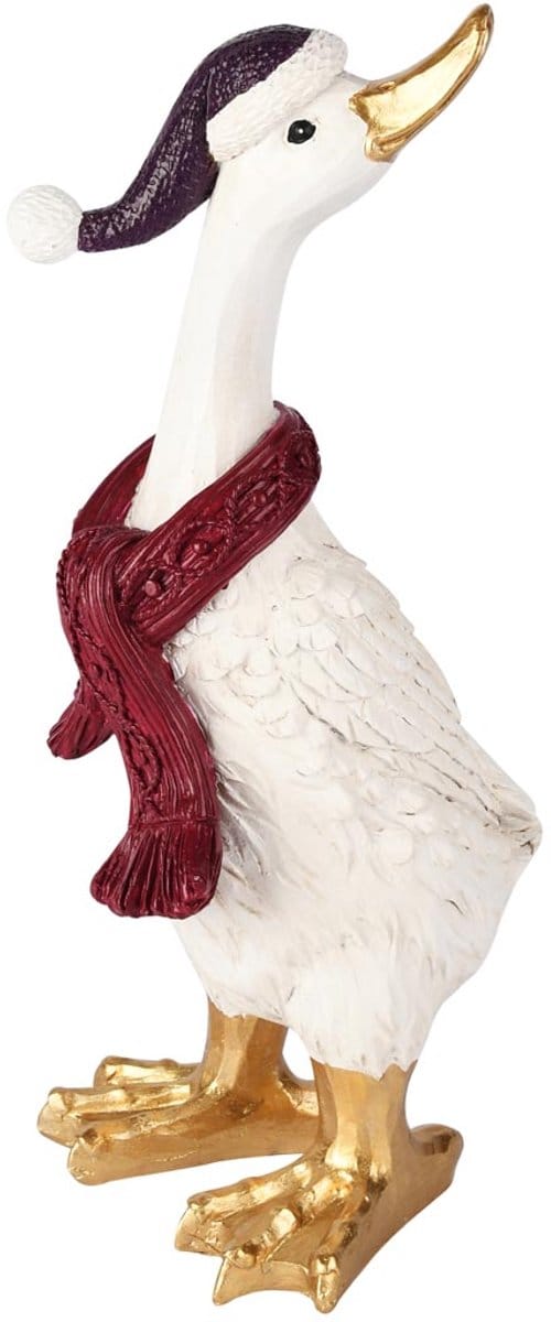 Dekoratief | Eend m/muts/sjaal, wit/rood/goud, resina, 12x12x27cm | A255073
