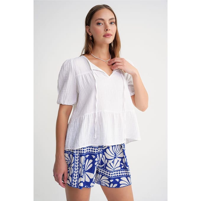 Getextureerde Musselin Crew Neck Blouse met Binding Detail