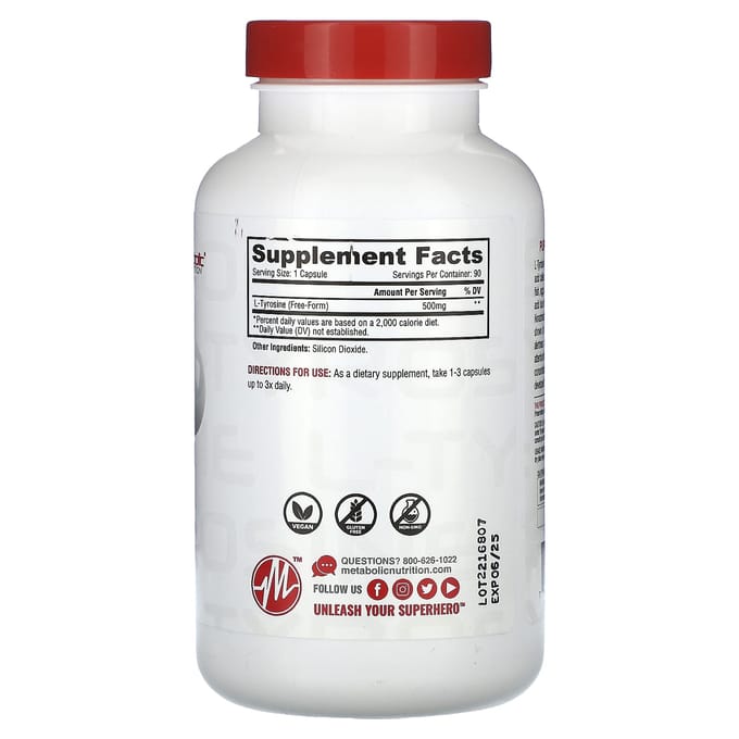 L-Tyrosine, Pure Farmaceutische Kwaliteit, 500Mg, 90 Capsules