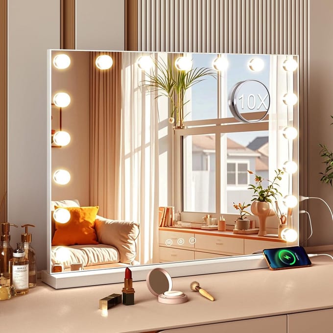Vergroot Make-up Spiegel met 17 LED Verlichting, 3 Kleurmodi en Dimbaar Licht, 60x50 cm