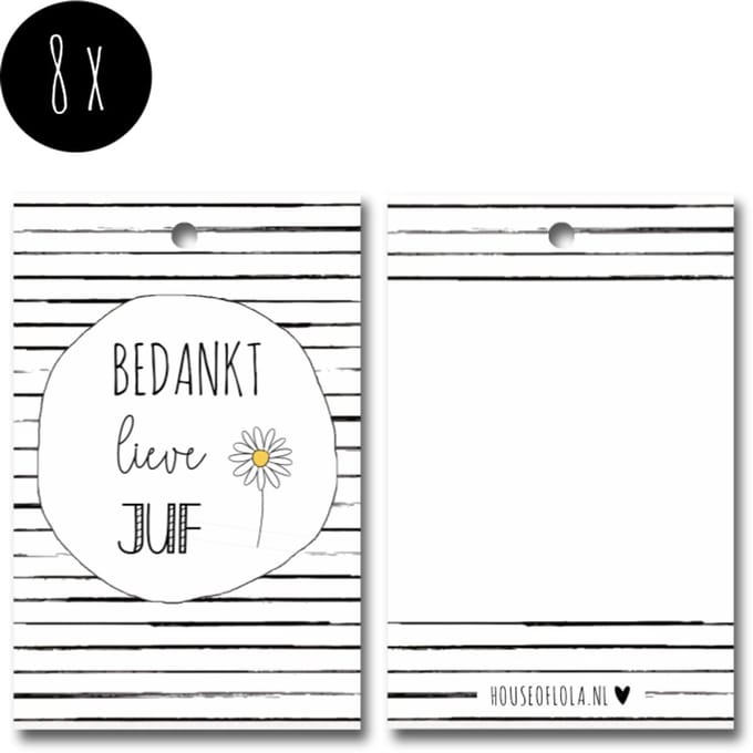 8x Label / Kaartje van karton / Cadeaulabels / Labels | BEDANKT LIEVE JUF | 85 x 55 mm