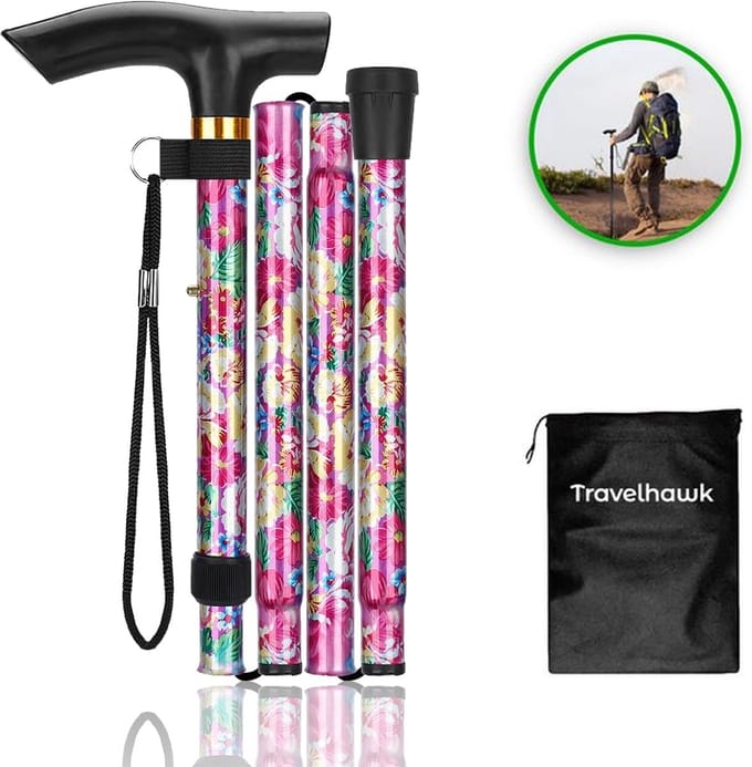 Travelhawk Wandelstok - Verstelbaar en Opvouwbaar - Roze - Incl. Opbergtas - loopstok Ouderen
