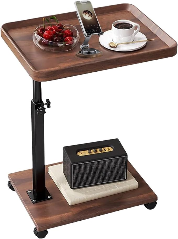 Adjustable side table with wheels, height 45-80 cm, 360° rotatable design, MDF board with walnut effect, frame made of robust metal, compact side table for sofa, bed, bed