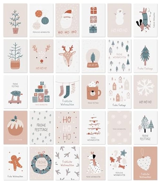 Set van 30 kerstwenskaarten A6 met enveloppen, feestelijke ontwerpen, stevig papier