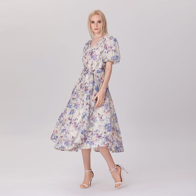 Fit-and-flare thee-organza-jurk met bloemenprint