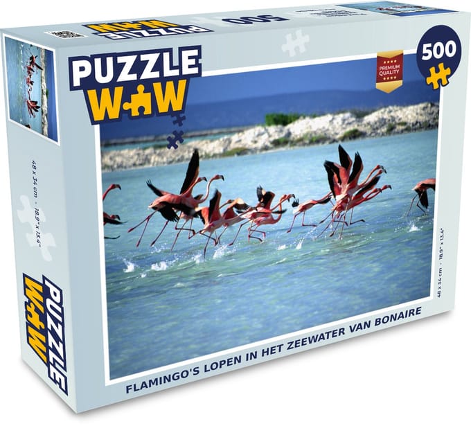 Puzzel Flamingo's lopen in het zeewater van Bonaire - Legpuzzel - Puzzel 500 stukjes