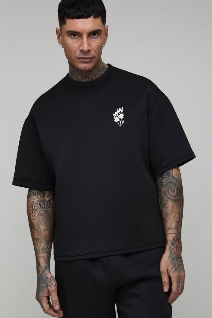Lang Oversized Boxy Bonded Scuba Doodle Bloemenprint T-shirt | Black | Size Medium