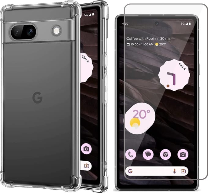 Hoesje geschikt voor Google Pixel 7a - Screen Protector GlassGuard - Back Cover Case ShockGuard Transparant & Screenprotector