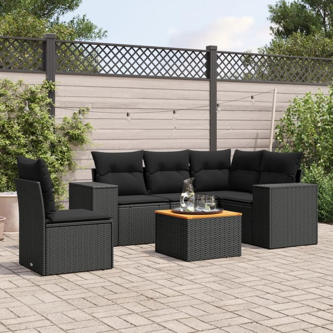 vidaXL - 6-delige - Loungeset - met - kussens - poly - rattan - zwart