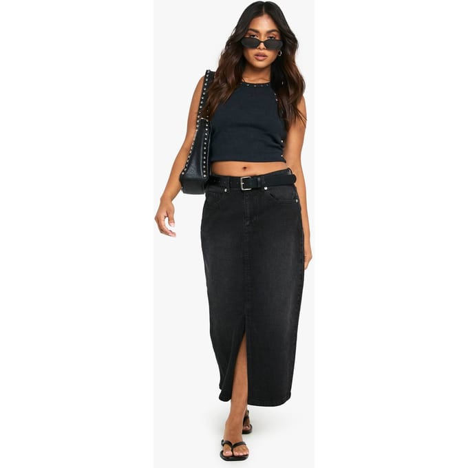boohoo Dames Petite Denim Midaxi Rok | Washed Black | Maat: 34