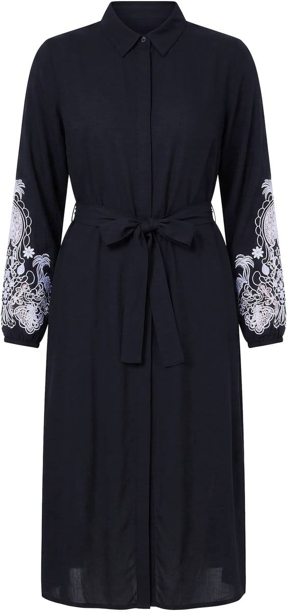 Studio Untold - Dames - Overhemdblouse-midijurk A-lijn geborduurde pofmouwen - Zwart - Maat 46+