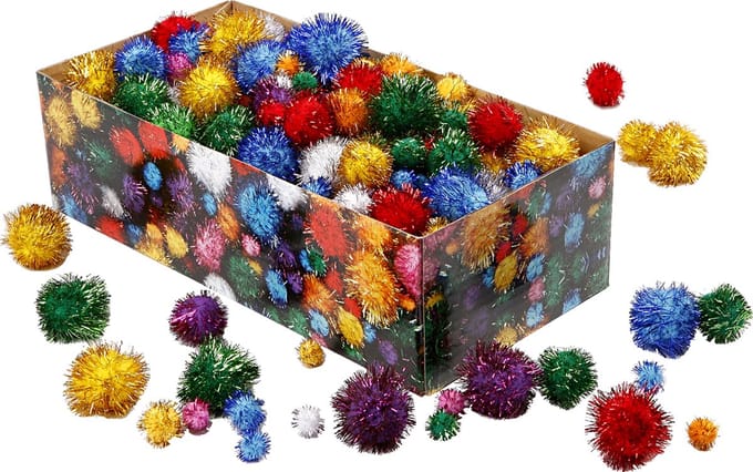 Pompons, d 15-40 mm, glitter, ca. 400 stuk, sterke kleuren, 400 gr/ 1 doos