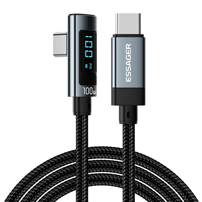 Essager 100W USB-C to USB-C Digital Display Elbow Data Cable Zwart 2m