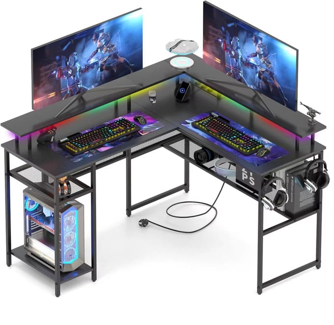 JOYNEXTBUY Gaming Bureau L-Vorm – 136 x 75 cm – Hoekbureau - LED Verlichting - USB – Computerbureau Gaming, Thuiswerken en Studie