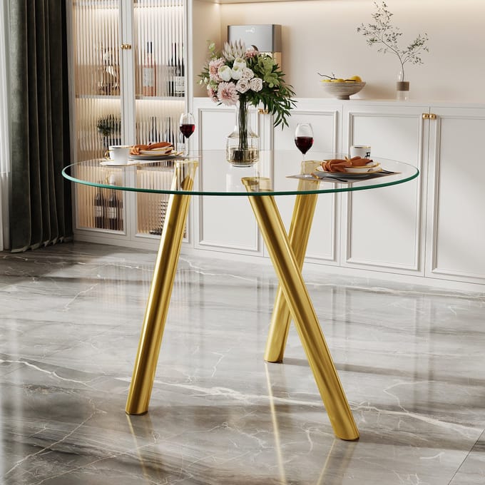 REDOM - Ronde Eettafel - Gehard Glas - Metalen Onderstel - Goud - 89 Cm