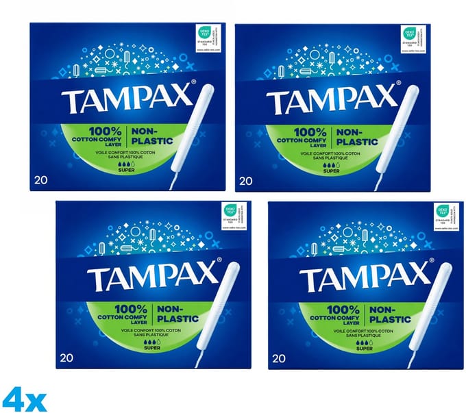 Tampax Super Non-Plastic Tampons - 4 x 20