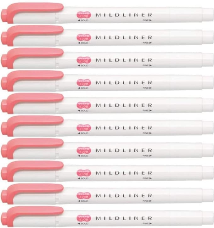 Zebra Mildliner Double-Sided Highlighter - Fine / Bold – Mild Coral Pink Set van 10 + een Luxe Zipperbag - WKT7-MCOP