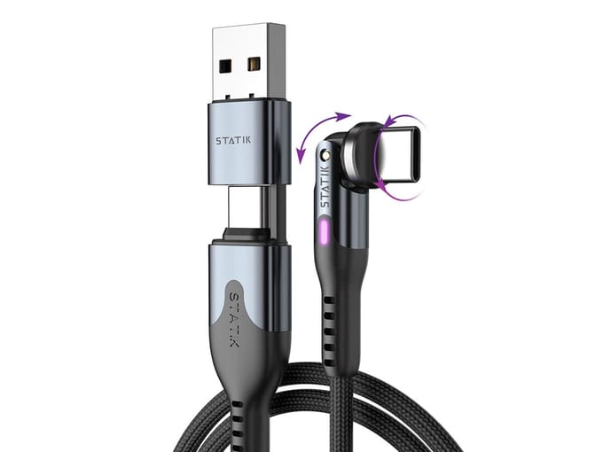 Statik PowerPivot Pro 360 - USB-C/USB-A naar USB-C- 1m - 100W - 480 Mbps Gegevensoverdracht - Nylon Gevlochten - Zwart