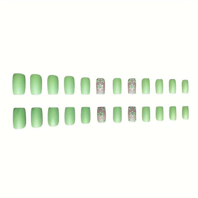 Middelgrote Vierkante Matte Bloemvormige Nagelset groen