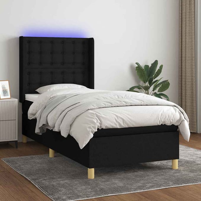 vidaXL - Boxspring - met - matras - en - LED - stof - zwart - 90x200 - cm