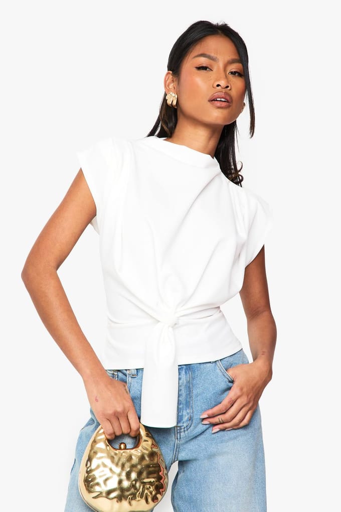 boohoo Dames Crepe Knot Cowl Neck Blouse | Wit | Maat: 42