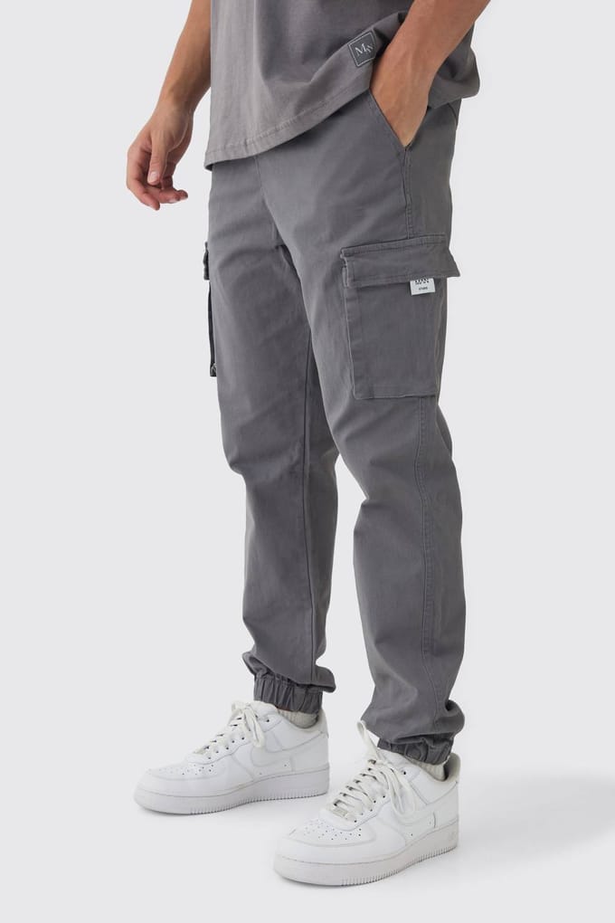 Slim Fit Cargo Broek met Elastische Taille en Geweven Manchetten | Charcoal | Size Medium