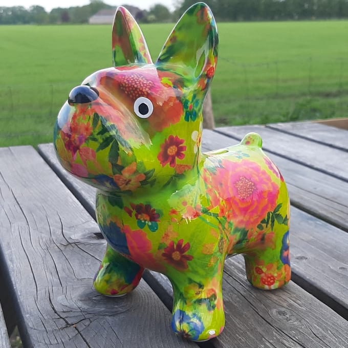 Spaarpot Hond Bloemenprint – Groen – Decoratieve Spaarpot – 20 cm – Met Sleutel