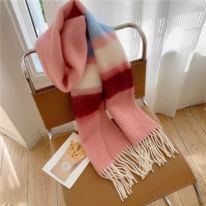 Winter Dopamine Regenboog Gestreepte Dikke Warme Geborstelde Franje Pompon Sjaal brown