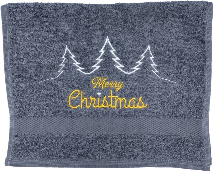 Gastendoekje - Kerst - Grijs - Merry Christmas Trees - Geborduurd