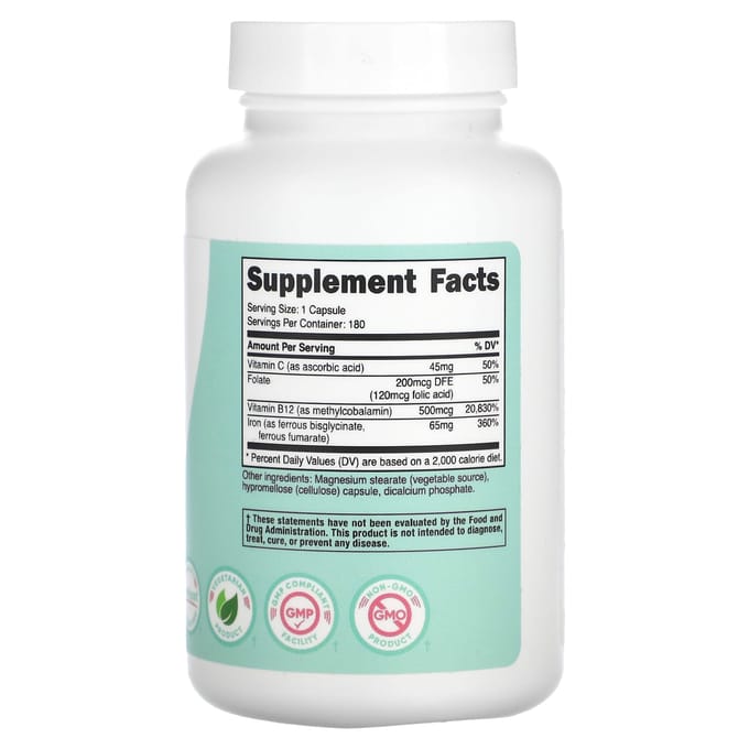 Femmes, Fer, Vitamine C, Acide Folique, Vitamine B12, 180 Capsules