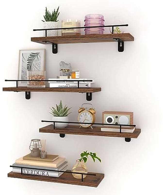 Wandplank Set van 4 - Hout en Metaal Planken voor Wandbevestiging