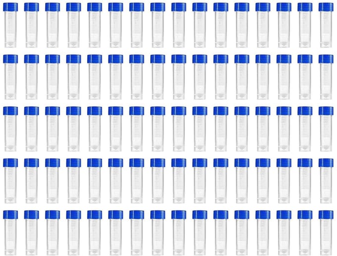 Set van 80 transparante laboratorium proefbuizen van 5 ml met blauwe deksel en maatverdeling