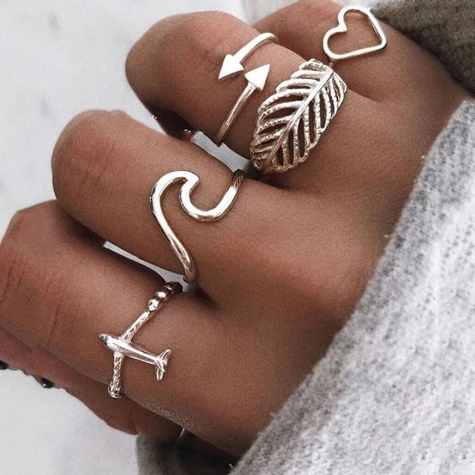 Doigts Joints, Simplicité, Bague, Feuille, Amour, Avion, Ensemble de Flèches, Ensemble de Cinq Pièces. one size argenté