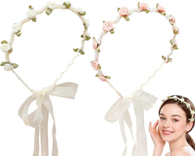 Bloemenkrans Hoofdband - Rozen Parel Accessoire - Bruiloft Feest - Elastisch Comfortabel Ontwerp - Roze Beige