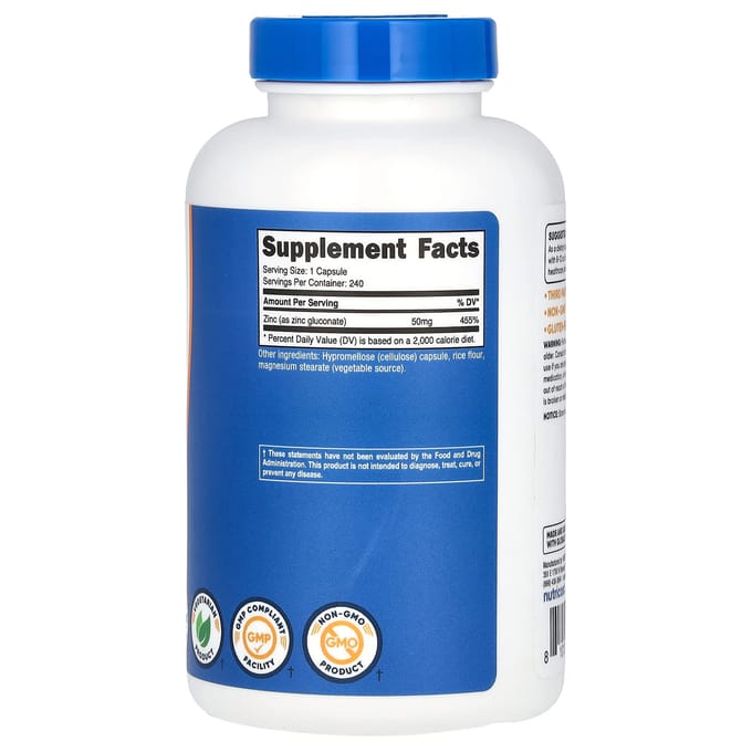 Nutricost, gluconate de zinc, 50 mg, 240 gélules